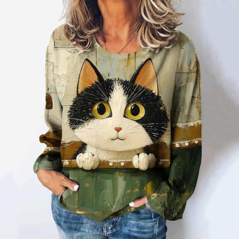 Fashions Women\'s T-Shirts Cute Kitten Print Girl Summer Harajuku Loose Casual Clothing Kawaii Round-Neck Long Sleeve T-Shirts