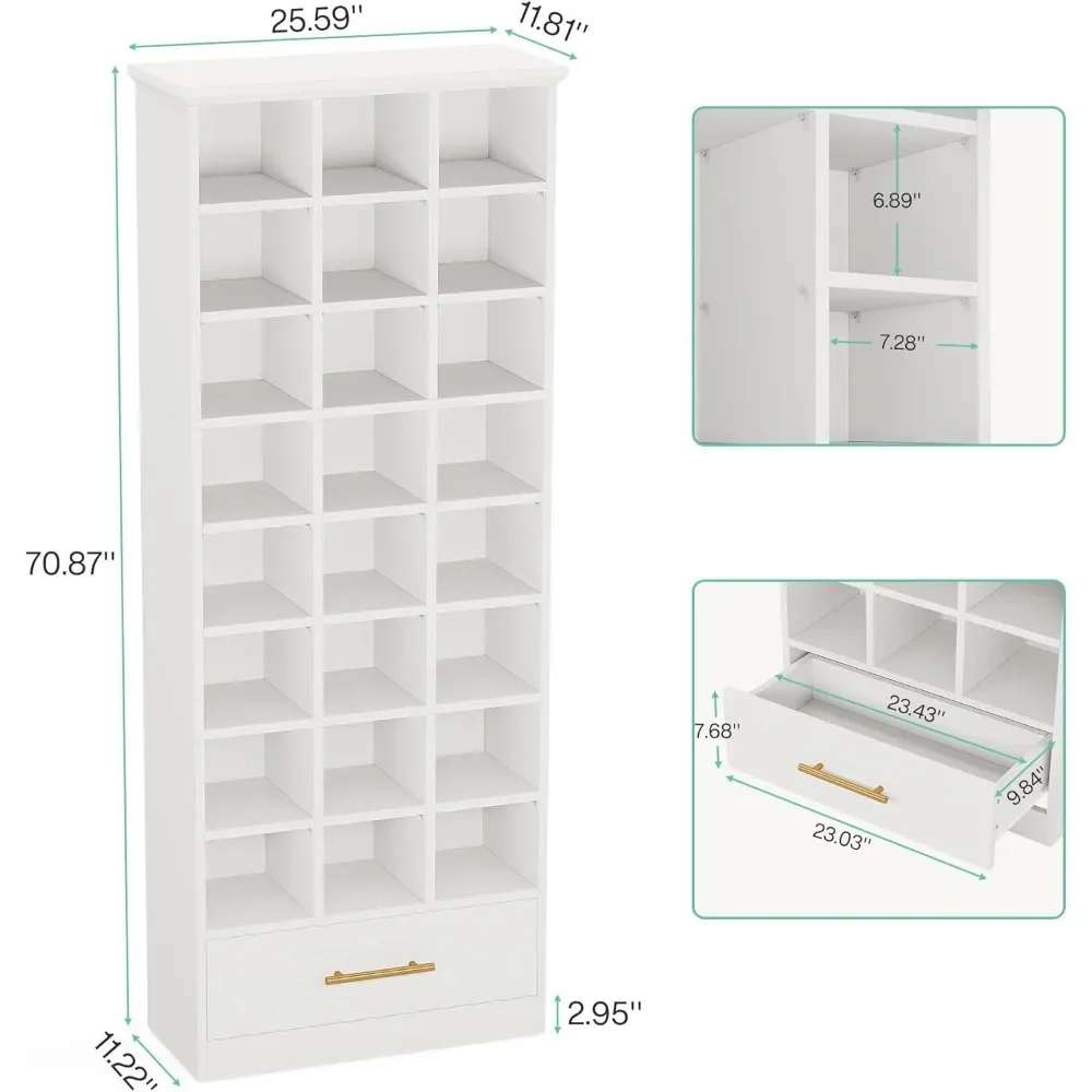 Shoe Storage Cabinet with 24 Cubbies and Drawer 71-Inch Tall Wooden Shoe Rack 9-Tier Freestanding Shoes Storage Cabinet