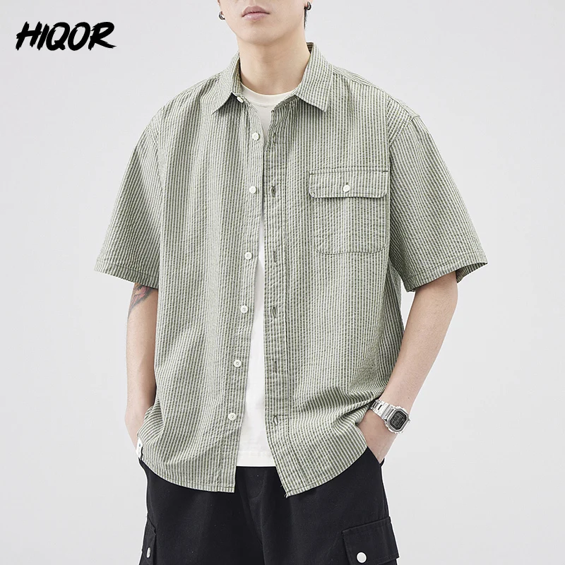 

2025 Summer New Men Retro Casual Striped Short-sleeved Shirts Simple Versatile Lapel Fresh Cardigan Baggy Men's Solid Shirts