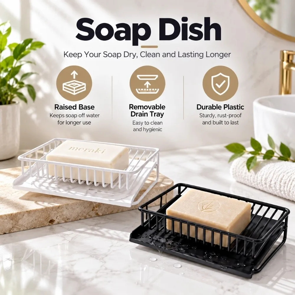 Bathroom Sink Organizer Raised Base Soap Dish Removable Drain Tray Plastic Soap Box Durable Multifunctional Soap Rack Shower