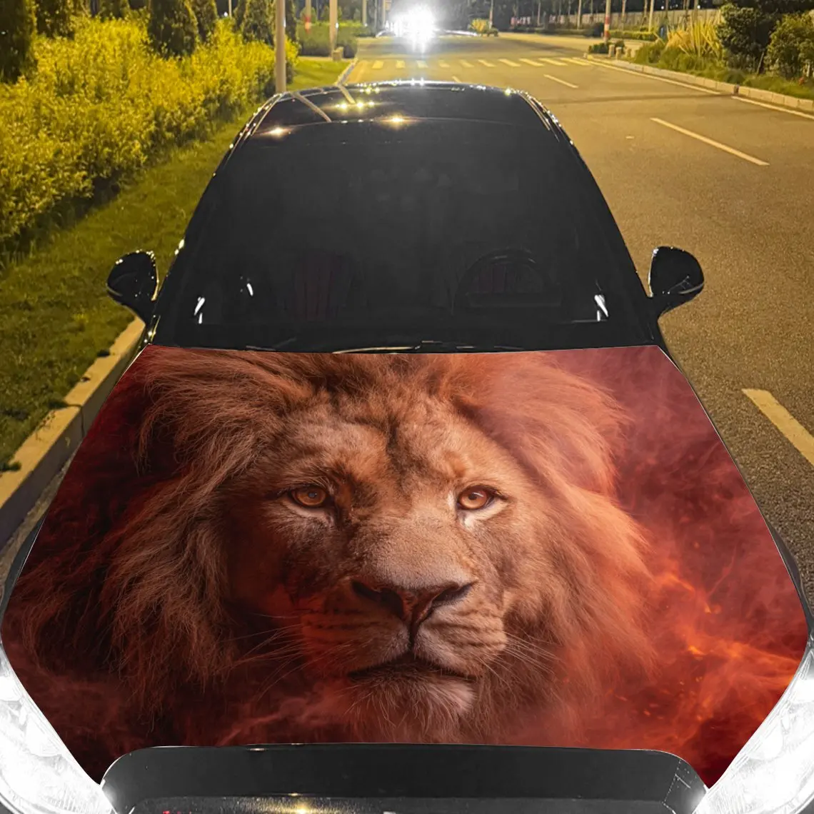 

Car Decals Lions with Luxuriant Mane, Expressions, and a Fiery - Themed Backdrop Car Hood Sticker, Waterproof Self - Ad