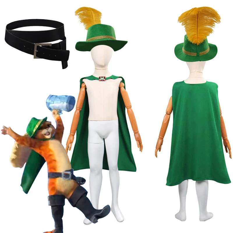 Costume de Cosplay de dessin animé pour enfants, bottes de bande dessinée, chapeau, cape de ceinture, robe fantaisie d'halloween pour jeu de rôle, vêtements de fête