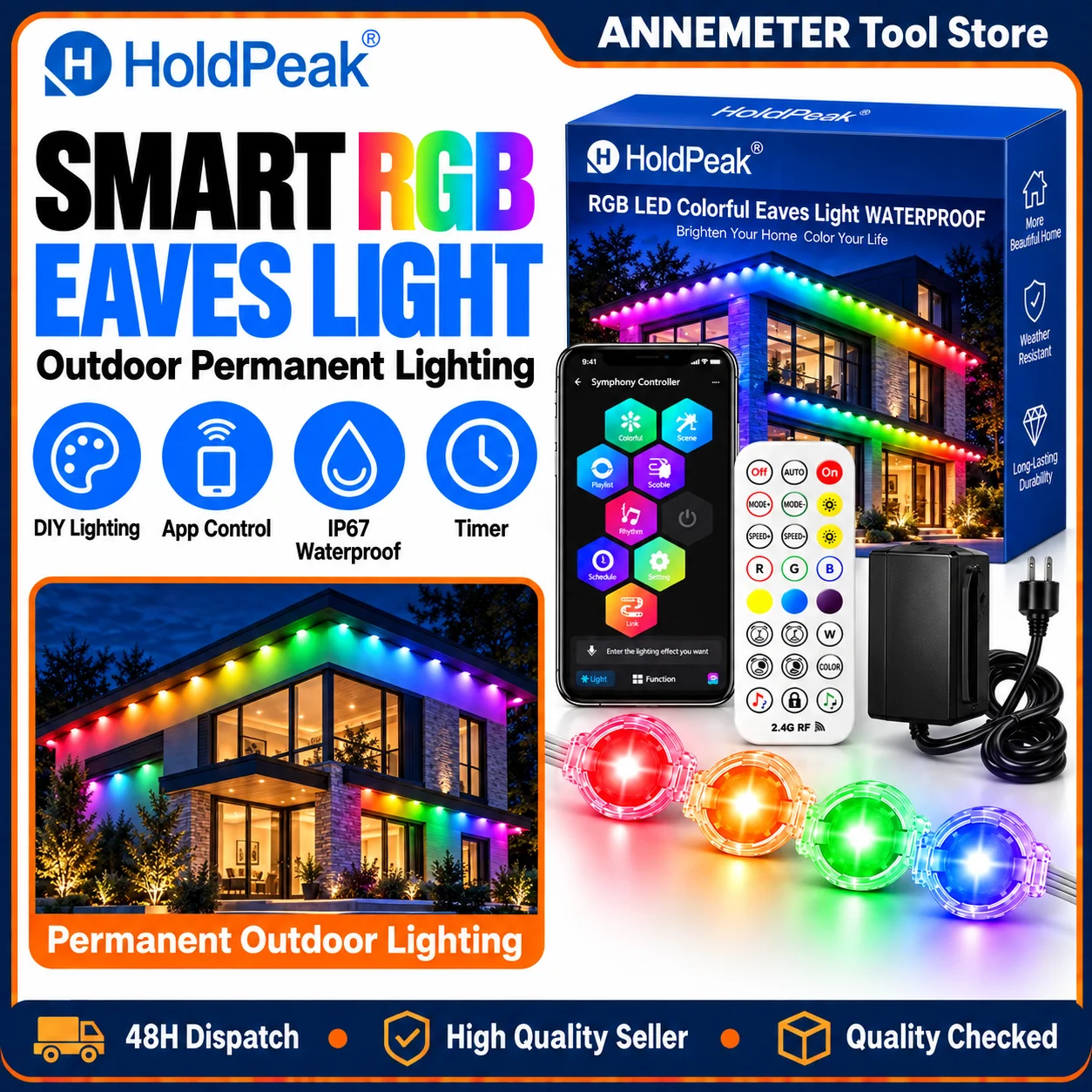 RGBIC Outdoor Eaves Lights 24V IP67 Waterproof LED Strip Remote Bluetooth APP Music Sync Color Changing Yard Patio