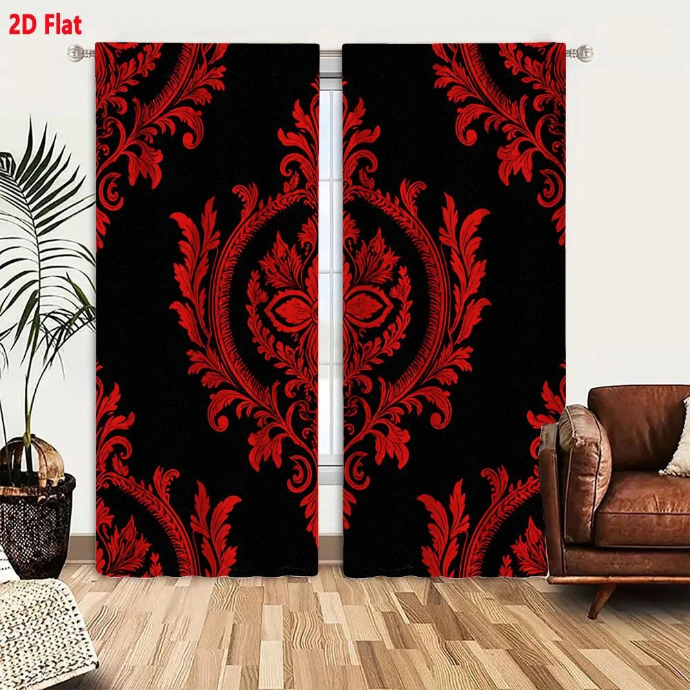 2Pcs Curtains 2D Flat Symmetrical Red Floral Scrollwork Pattern on Black Background Traditional Ornate Damask Design Cohesive De