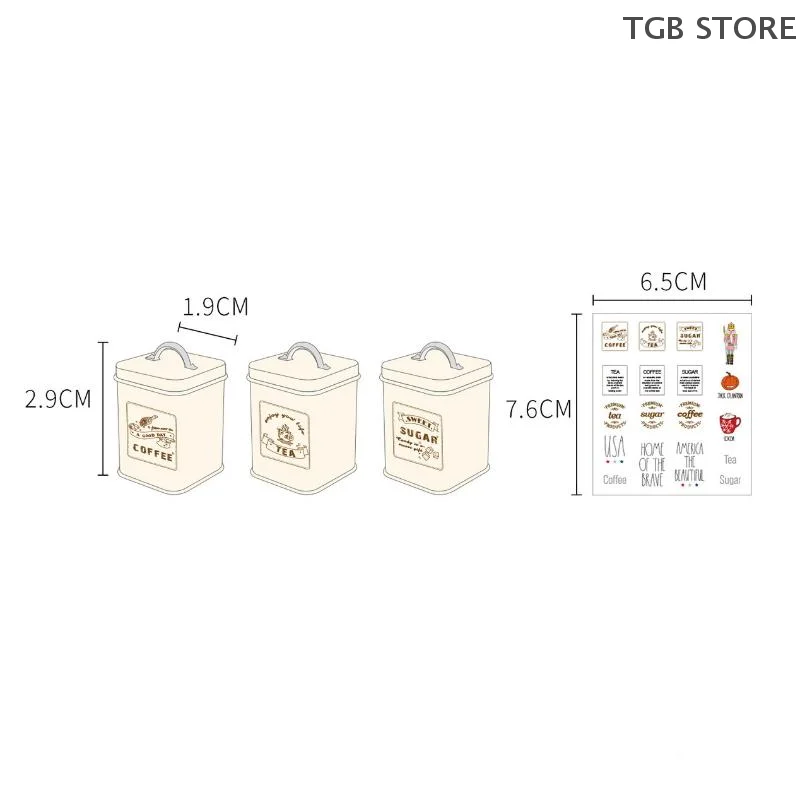 กระป๋องใส่เมล็ดกาแฟจิ๋ว 3 ชิ้น ภาชนะเก็บของในครัวทรงสี่เหลี่ยม ขนาด 1/6 สำหรับบ้านตุ๊กตา อุปกรณ์เสริมของเล่นตุ๊กตา