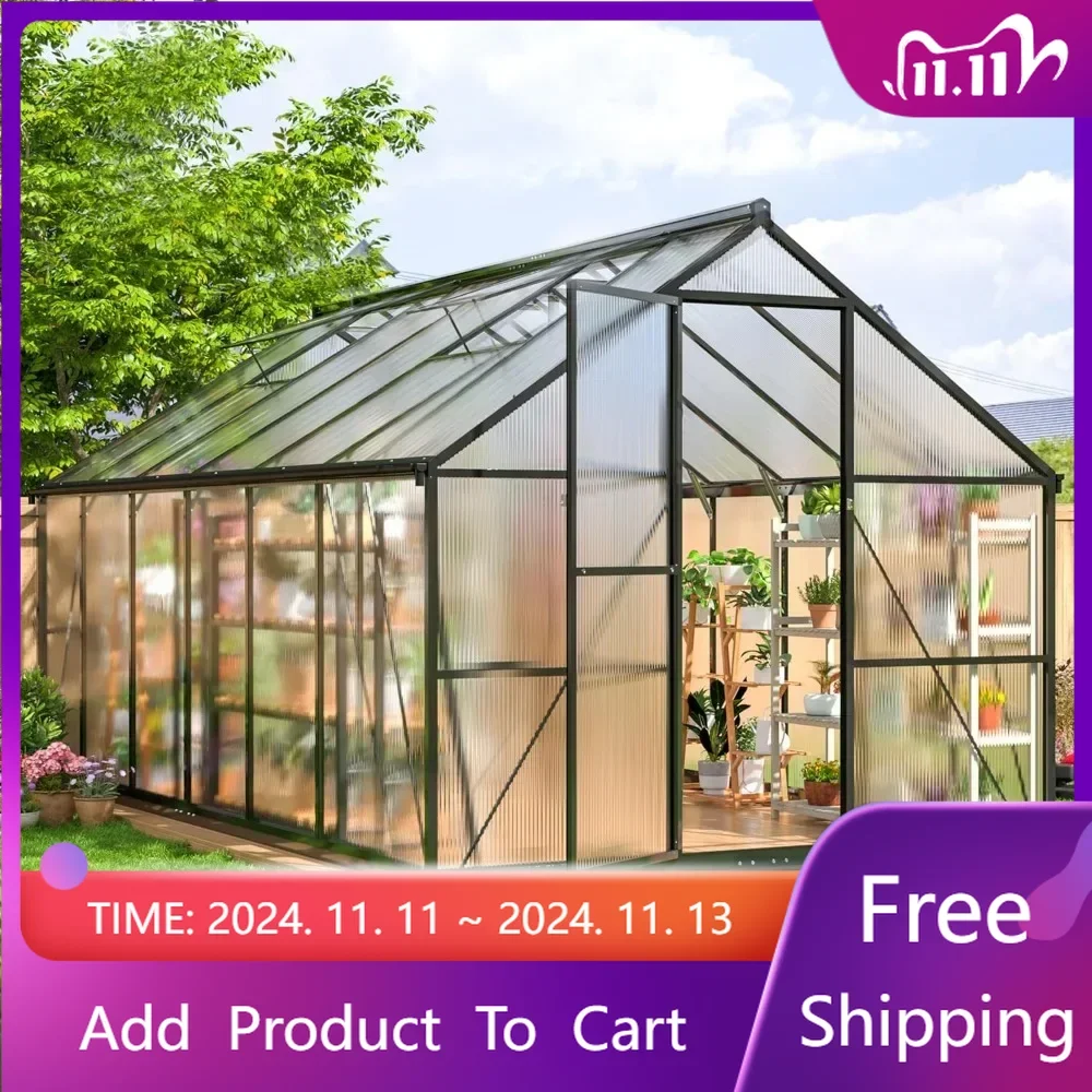 

8x12 FT Greenhouse for Outdoors, Quick Setup Polycarbonate Greenhouse with Roof Vent, Aluminum Large Walk-in Greenhouse