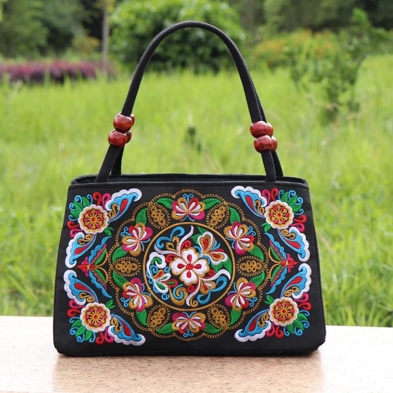 Ethnic Style Double-sided Embroidered Double-layer Bag Canvas Bag Embroidered Middle-aged And Elderly Women Handbag Square Bag