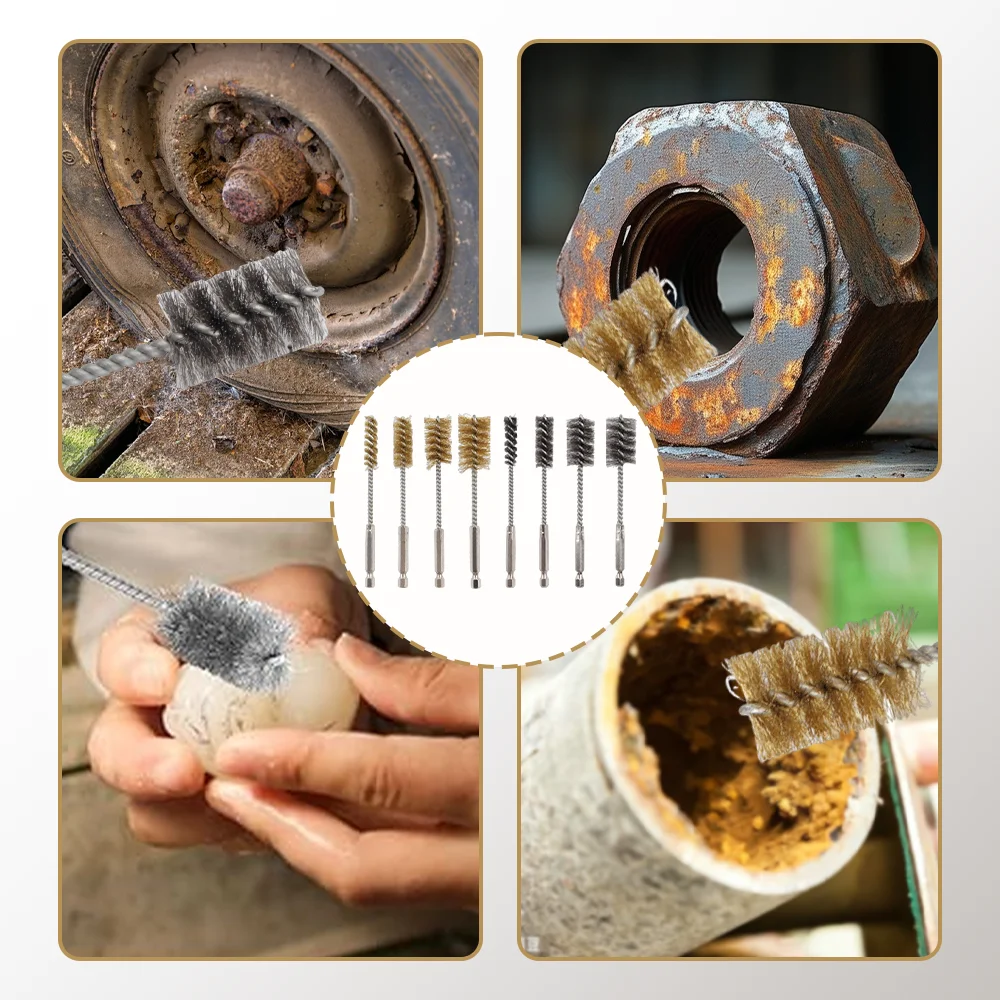 4/8PCS Stainless Steel Wire Brush Extended Cleaning Brush 1/4"Hex Shank Drill Bit Cleaning Brush Pipe Rust Removal Grinding Tool