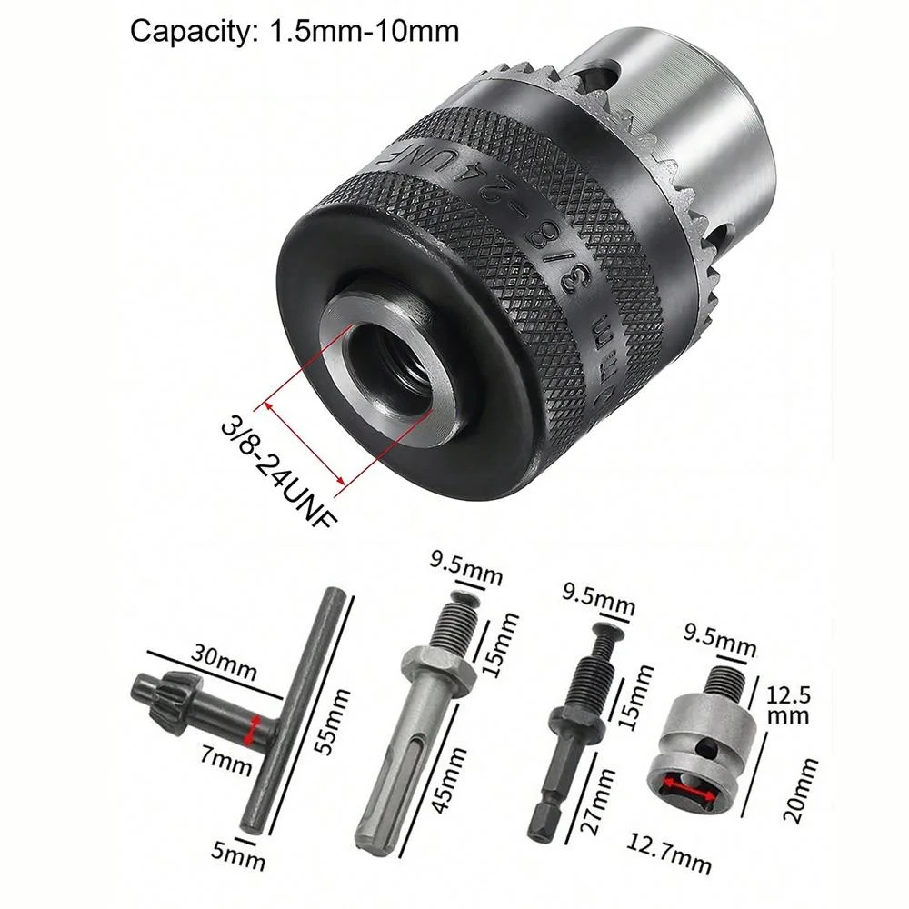 Drill Chuck Adapter For Impact Wrench Converter 1/4 Hex Shank Keyless Chuck 1.5-10mm Precision Clamping Range SDS Plus Adapter 3/8-24UNF Thread Heavy Duty Multi-Machine Compatible Power Tool Accessories 5Pcs Complete Kit Mechanics DIY Woodworking view 5