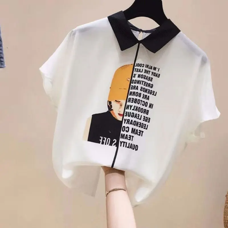 Streetwear Stylish Letter Printed Shirt Women\'s Clothing Turn-down Collar Summer Short Sleeve Casual Loose Patchwork Blouse New