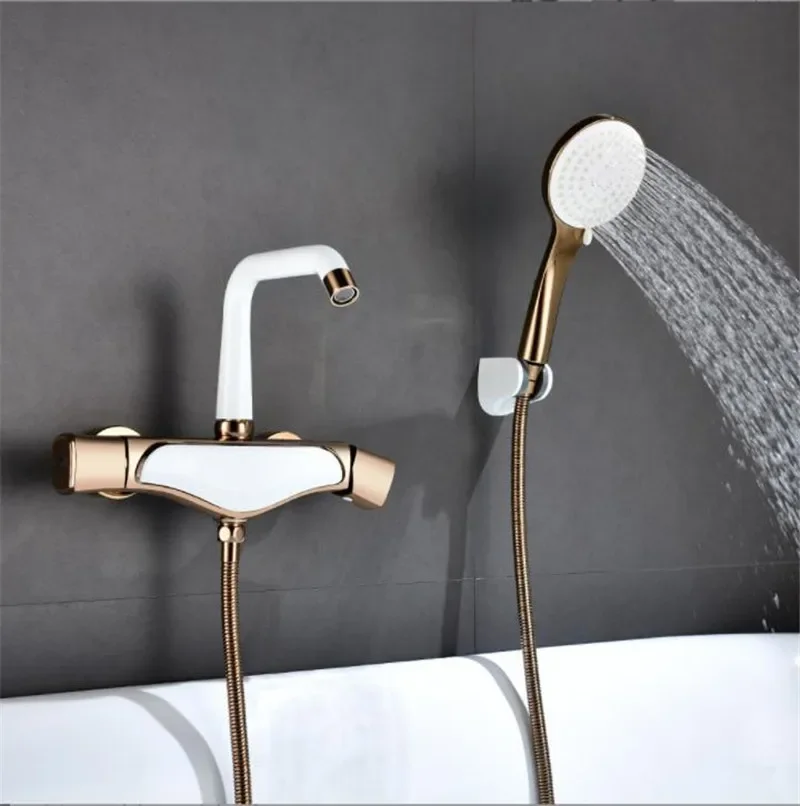 Bathtub Shower Set Wall Mounted Rose Gold White Bathtub Faucet, Bathroom Cold & Hot Bath and Mixer Taps Brass