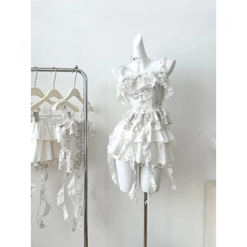 

Summer Women Vintage Mori Girl Cute Core Birthday Coquette 2000s Outfits 2 Piece Set Gyaru Camisole + Mini Tierred Ruffles Skirt