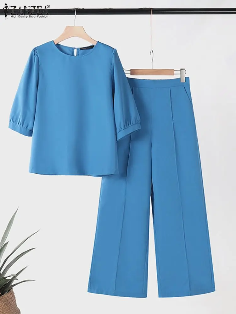 

ZANZEA Wide Leg Trousers Casual Loose 2pcs Outfits 3/4 Sleeve Blouses Women Summer 2024 Elegant 2-Piece Suits Solid Pant Sets