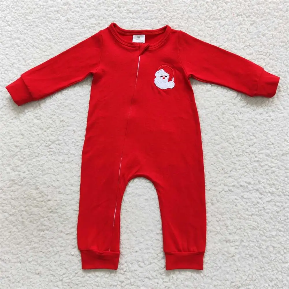 Wholesale Kids Children Newborn Embroidery Toddler Christmas Santa Romper Baby Boy Boutique Long Sleeves Zipper Cotton Jumpsuit