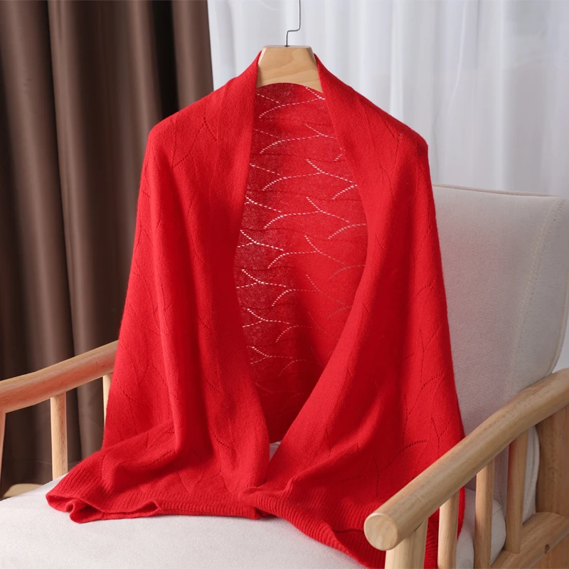 Spring And Autumn New Pure Wool Shawl Women's Thin Section With High-End Solid Color Maple Leaf Cashmere Shawl Hollowed Out