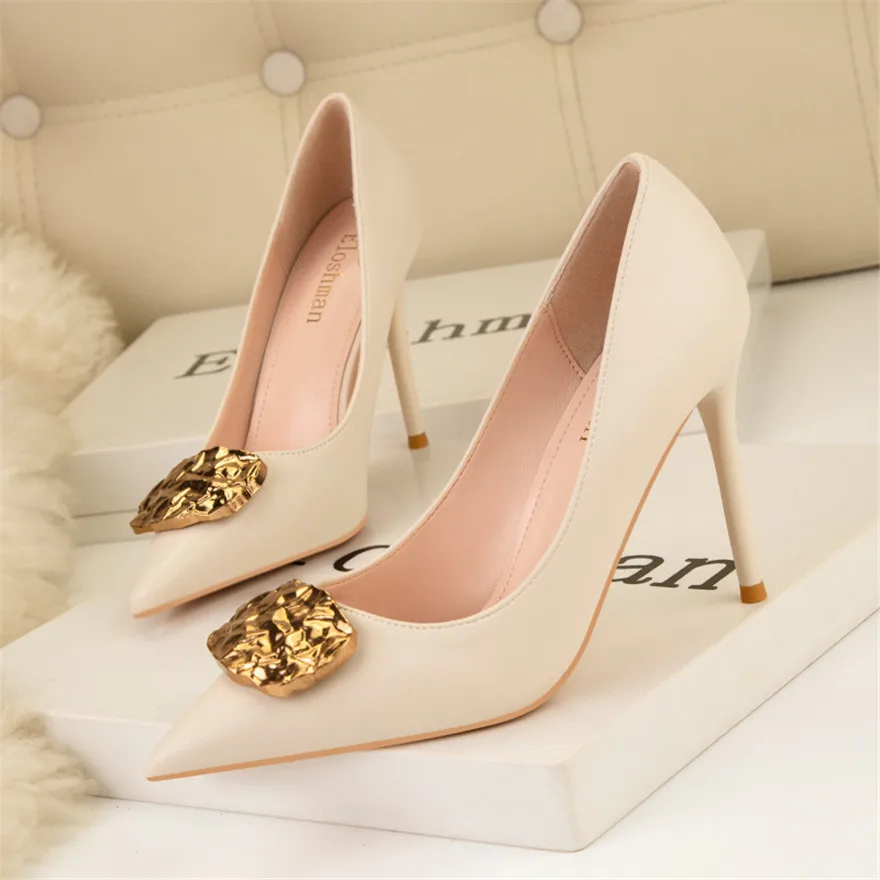 6cm/9.5cm High Heels Women Pumps Autumn Soft Leather Stiletto Sexy Party Shoes 2024 Black Ladies Pointed Metal Buckle Work Shoes