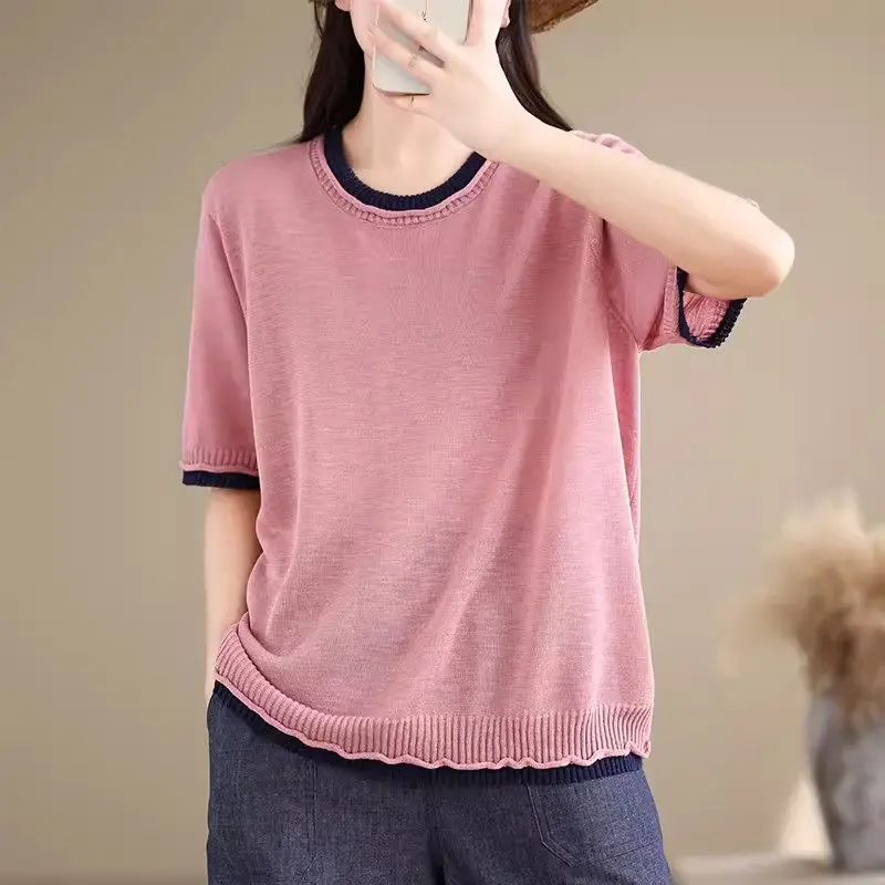 

Summer T-Shirt 2024 Women Round Neck Color Contrast Splicing Knitted Short Sleeve Casual Solid Color Versatile Top k1172