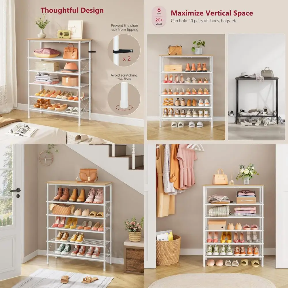

6-Tier Metal Shoe Rack Organizer for 20-24 Pairs, Industrial Style Mesh Shelf for Closet, Entryway Shoe Storage with X-Frame, Wh