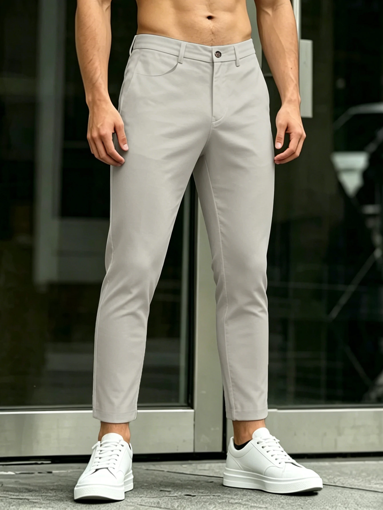

Men's 5‑Pocket Tapered Cropped Dress Pants Polyester Slim Fit Business Casual Black Apricot White Ankle‑Length Trousers S‑XXL