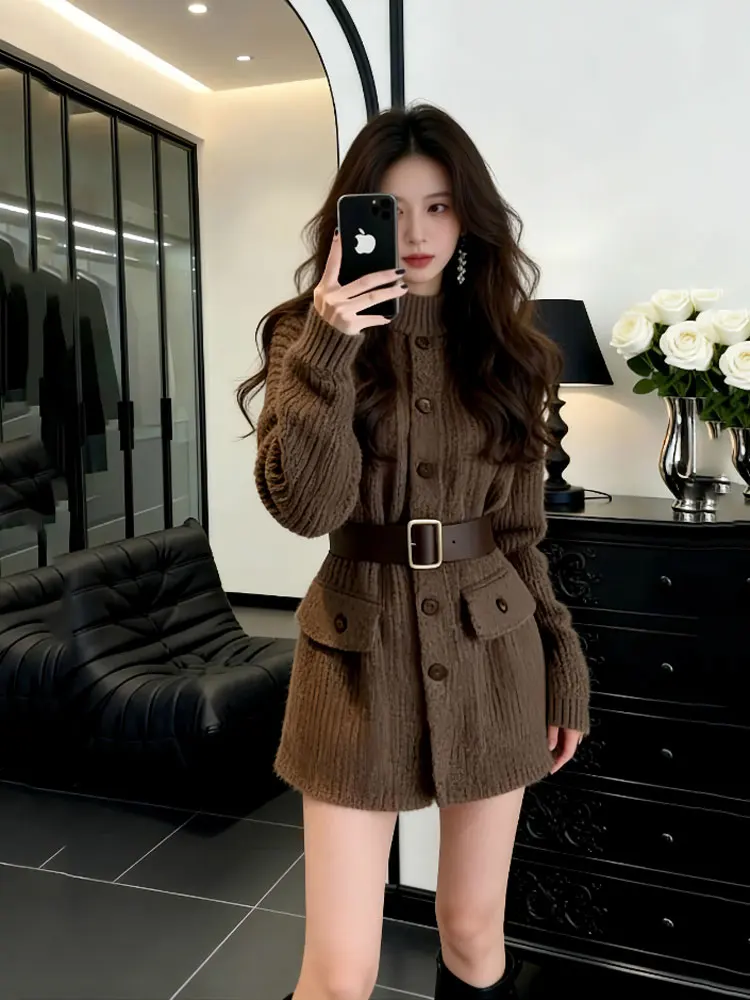 

Retro Knitted Dr Women's Autumn Winter Slimming ort Skirt High Waist Design Soft Long Sve Commute Sle Korean Fit
