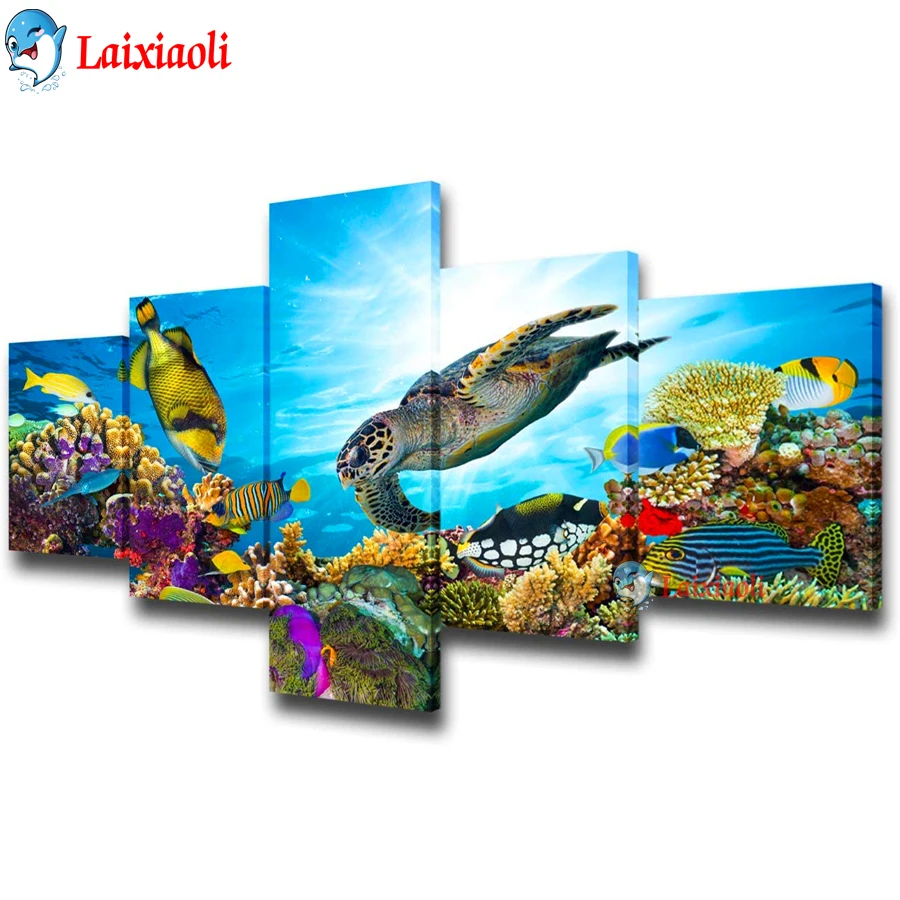 Diamond mosaic cross stitch Underwater world view diamond painting full square round drill turtle and fish coral reef 5pcs decor