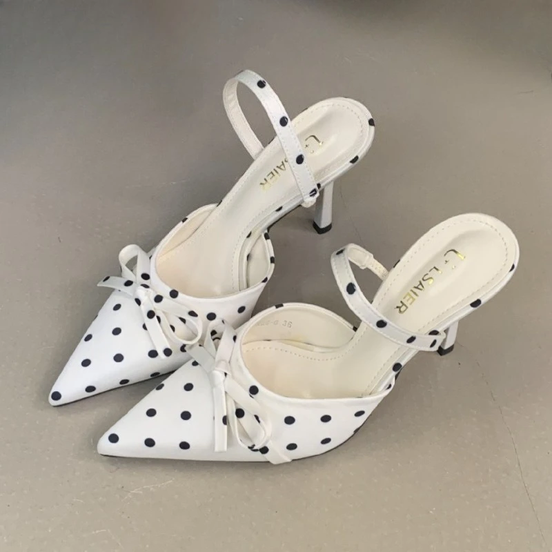 

Женские сандалии с острым носком и бантом в горошек, новинка 2026, модельные туфли с открытой пяткой, модные женские туфли-лодочки на каблуке Sandalias De Mujer