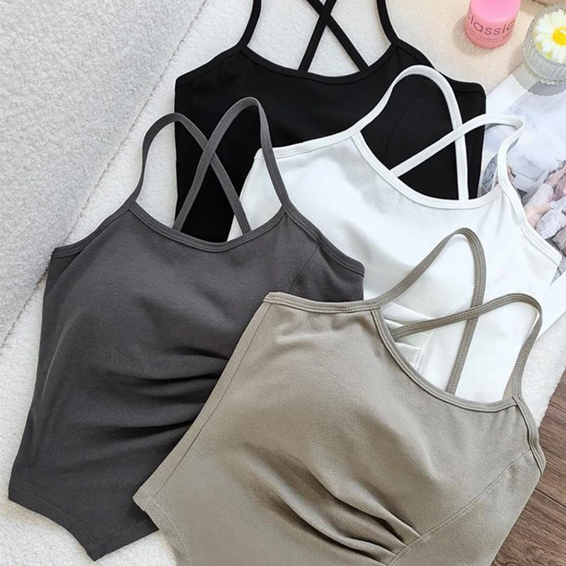 

Fashion Sexy Sleeveless Backless Tank Top Irregular Crossover Vest Crop Tops Casual Simple Breathable Women Camis With Chest Pad