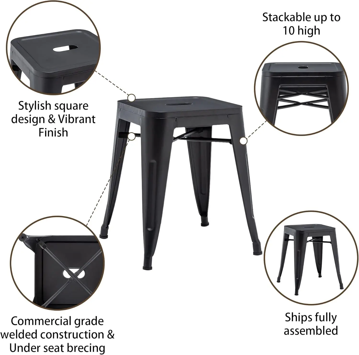 Home Industrial Metal Barstools Classroom Stools Short Stools [Set of 4] Stackable for Indoor/Outdoor 18" Dining Chair