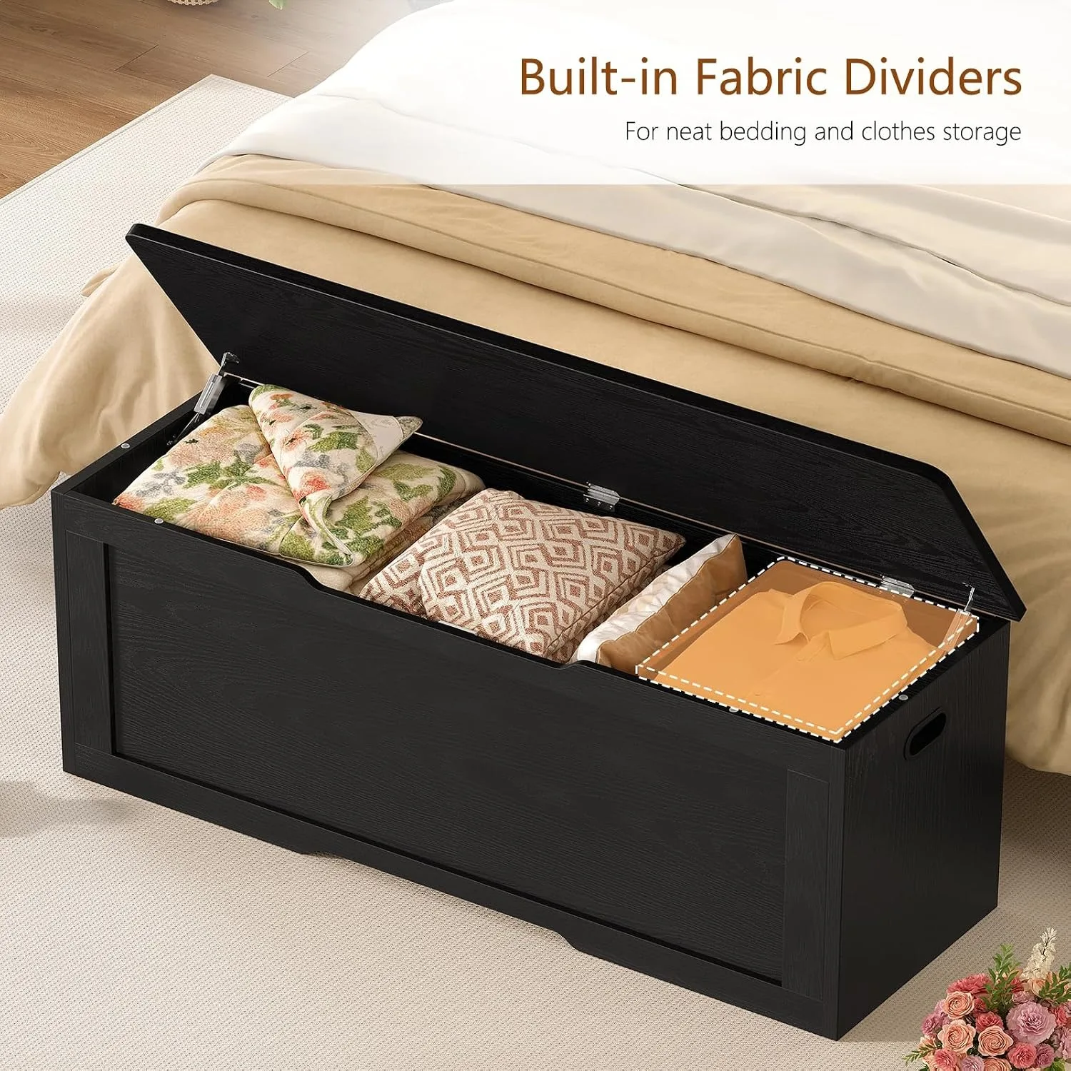 47.2" Large Storage Chest with Fabric Drawer, Toy Box with Safety Hinges, Extra Wide Storage Bench for Bedroom, Living Room, Entryway, Supports 300 lb view 4
