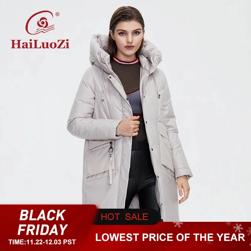 HaiLuoZi 2022 Women's Winter Down Jacket High Collar Padded Warm Lady Coat Fashion Big Pocket Hooded Zipper Female Parkas 6026