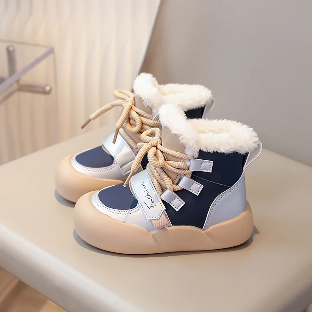 Botas de invierno de cuero PU para niños, botas de nieve de felpa para niños, zapatos de algodón impermeables, zapatos de cuero PU a la moda para niños
