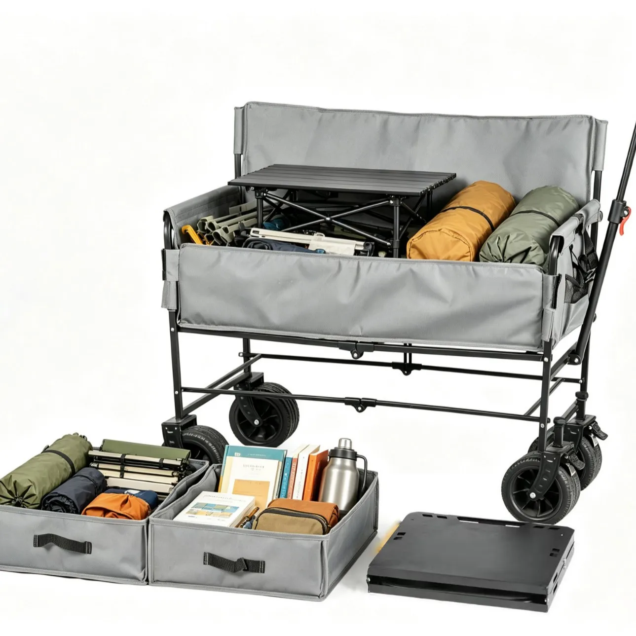 120L Foldable Camping Wagon Cart with Table, 200kg Load Capacity, All Terrain Wheels and Pull Push Handle for Beach Garden Use