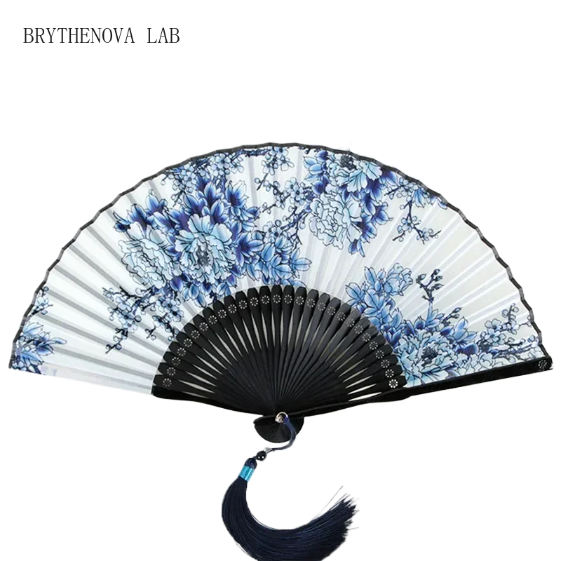 Summer Women Silk Dance Fan Classical Blue and White Porcelain Hand Gift Fan Abanicos Para Boda Chinese Hanfu Cosplay Fans