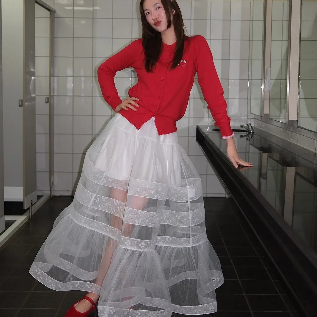 

Couture White See Thru Long Women Skirts With Lace Line Details Illusion A-line Bridal Maxi Skirt Female Skirt