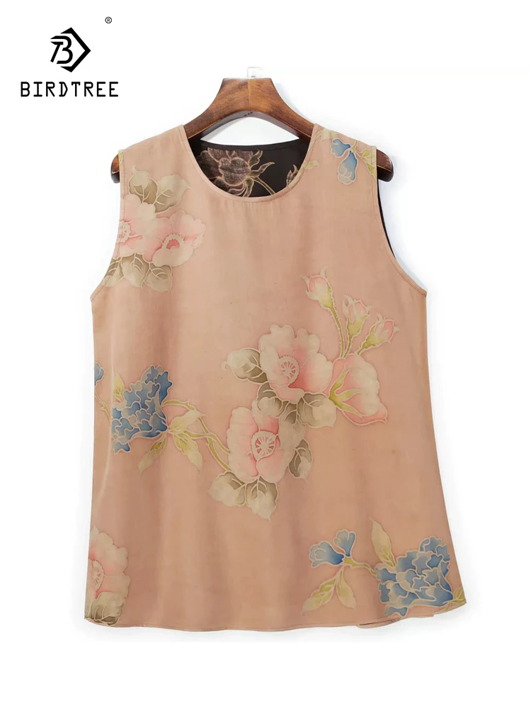 BirdTree, 50MM Watered Gauze Silk Elegant T-Shirt, Women O Neck Sleeveless Flower, Retro Chinese Vest, 2024 Summer T45654QC