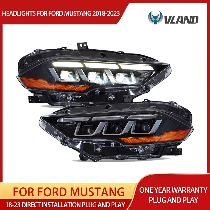 

2018-2023 Mustang Full LED Headlights with S650 Style DRL Sequential Turn Signal Upgrade Vland Projector Front Lamp Assembly