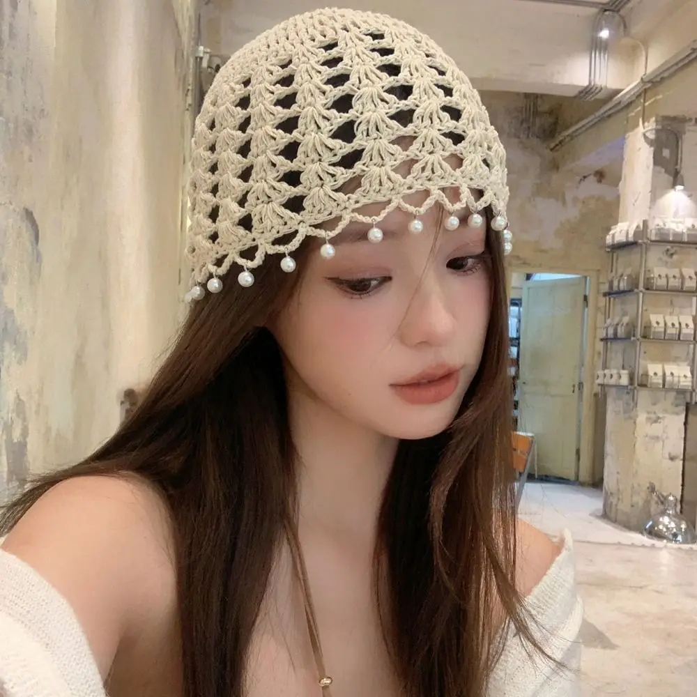 

Cute Sweet Crochet Hollow Knitted Hat Beads Tassels Bohemian Style Knit Beanies Handmade Hollow Out Weave Cap Outdoor