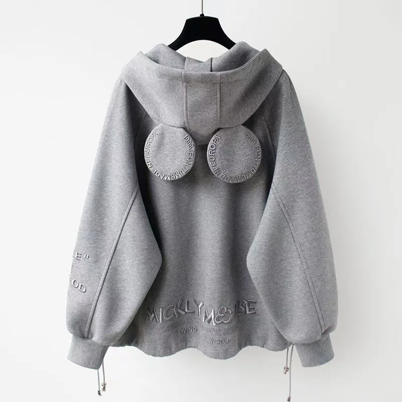 

Adding Velvet Padded Sweater Hooded Coat Female Joker Winter New Mickey Heavy Industries Embroidered Letters Zipper Coat Tide