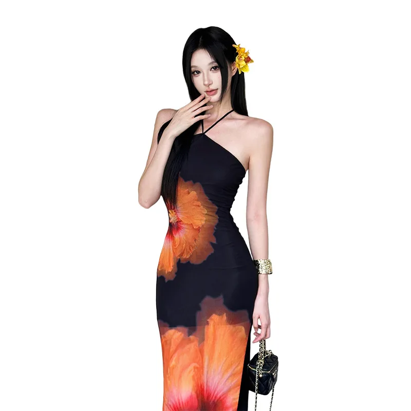 

2026 Summer Cross-border New European American Women's Fashion Halter Neck Print Waist-cinching Slimming Trendy Dress for Women