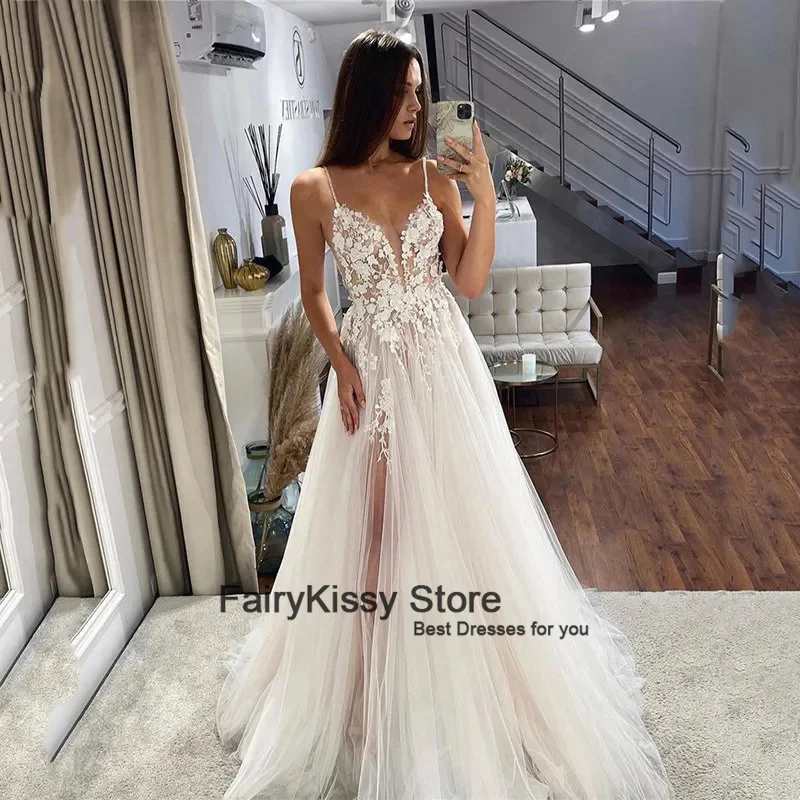 FairyKissy-Vestidos de Novia de encaje 3D, línea A, Sexy, cuello en V, tirantes finos, para fiesta de boda, 2024