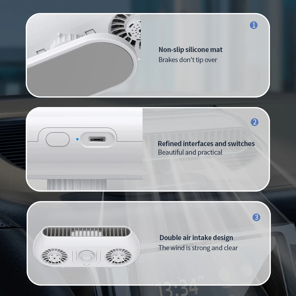 Mini ventilador eléctrico de doble turbina para coche, dispositivo Universal recargable por USB, sin aspas, silencioso, ajustable, circulación de aire