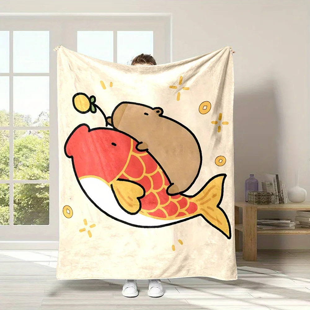 

Cozy Cartoon Capybara & Carp Print Throw Blanket - Soft, Reversible Flannel Fabric, Perfect for Bed, Sofa, Camping & Travel