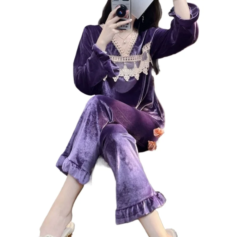 

Высококачественные золотые бархатные пижамы для женщин, осенне-зимние новые бархатные утепленные теплые брюки с длинными рукавами, комплект сексуальной одежды для дома