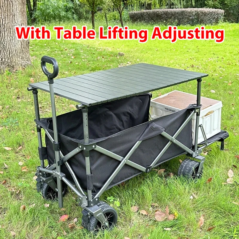 Foldable Cart Hand Pushing Outdoor Camping Picnic Trolley Trailer Pull Rod Rear Wagon Cart With Table Lifting Adjusting Trolley