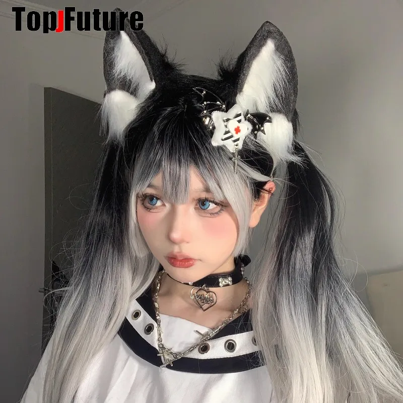 Kobiety Gothic Lolita cosplay Y2K girl Harajuku Goth z rękawem typu nietoperz przypinki punkowy krzyż nakrycia głowy gwiazda Punk fajne szpilki