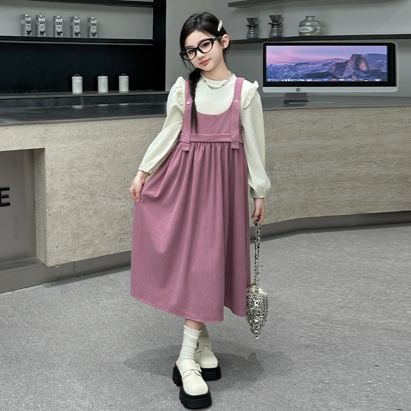 

Girls Suits Children 2024 New Autumn Collection Fashion Blouses and Long Dress Two-piece Set Korean Simple Style Suits