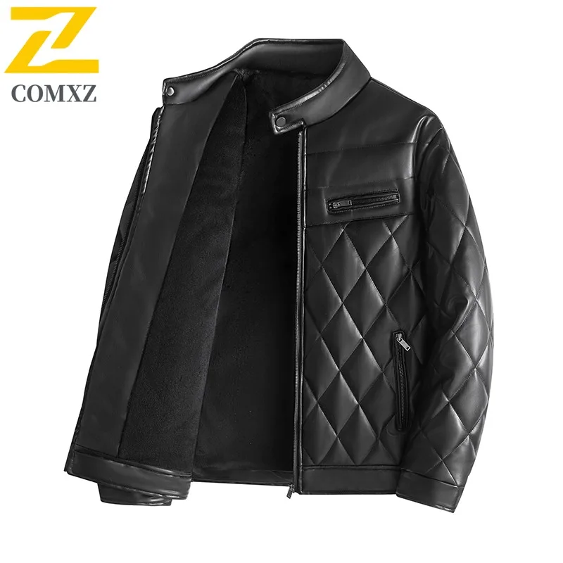 COMXZ Winter Man PU Leather Jacket Fashion Outdoor Camping Windproof Warm Coat Classic Stand Collar Coldproof Comfort Outerwear​