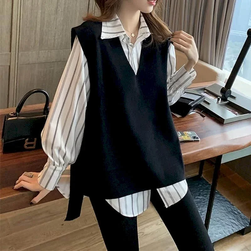 

Female 2025 Spring And Autumn New Korean Vintage Shirt + Black Knitted Vest Sweater Two Piece Leisure Comfort Suit Elegant Lady