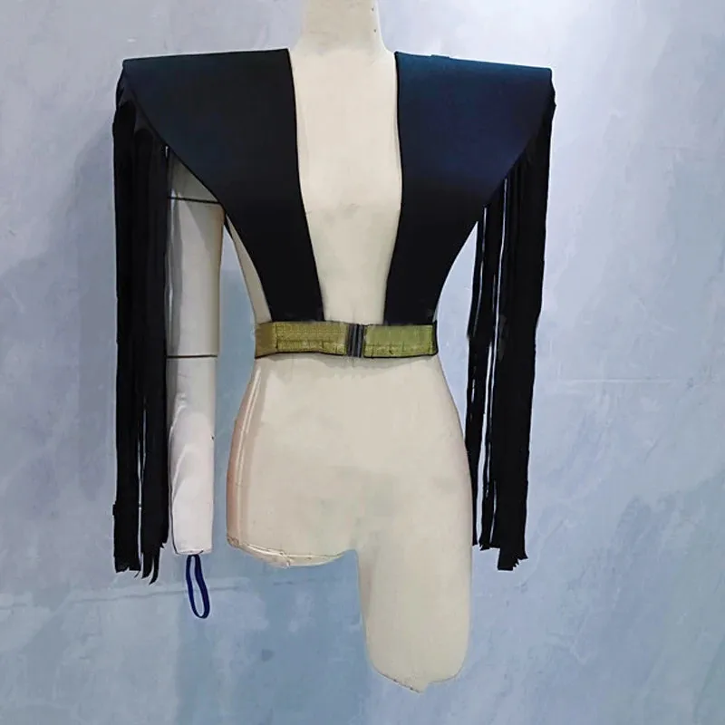 Male Women Fringe Armor Vest Black Silver Tassel Shoulder Pads DJ Gogo Stage Performance Show Accessories Singer Dance Costume