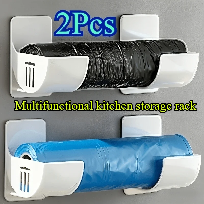 2 Pack No Drill Over Door Garbage Bag Holder, Multi-Function KitchenStorageRack for Trash Bags Plastic Wrap Straws, Holiday Gift